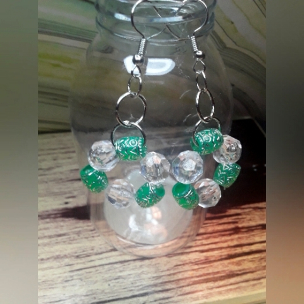 Green & Clear Beaded Round Unique Earrings Dangling Long Round Beautiful Earring